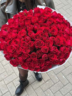 101 красная кенийская роза | Роскошный букет в белом оформлении